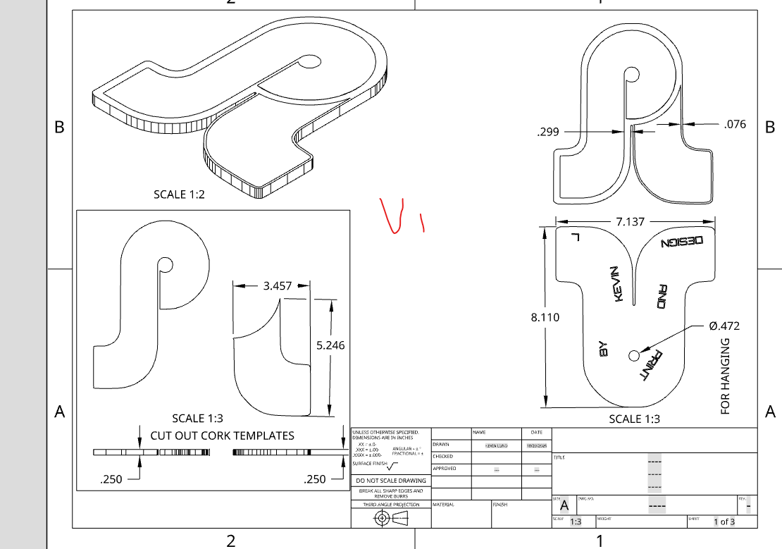 Onshape drawing of the logo plaque: isometric view, cork cutout templates, and back face with a hanging hole